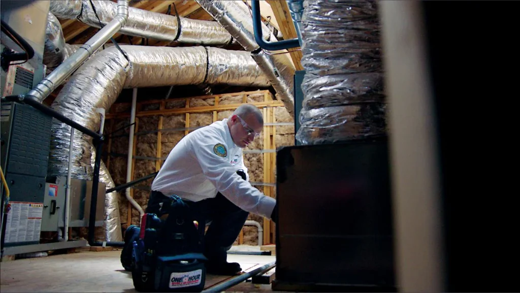 One Hour Heating and Air Conditioning- Phoenix West Valley tech inspecting ductwork around an indoor attic AC unit in Peoria, AZ.